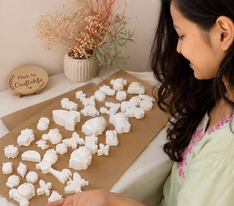The founder of Craftohfa with a tray of paint-your-own plaster figures