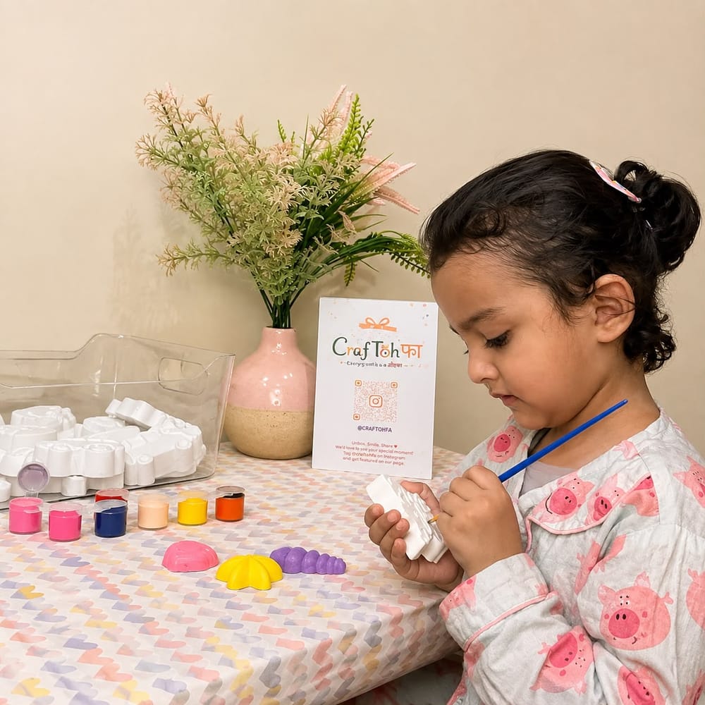A child holding a plaster piece up close to paint it, with finished painted pieces drying on the table