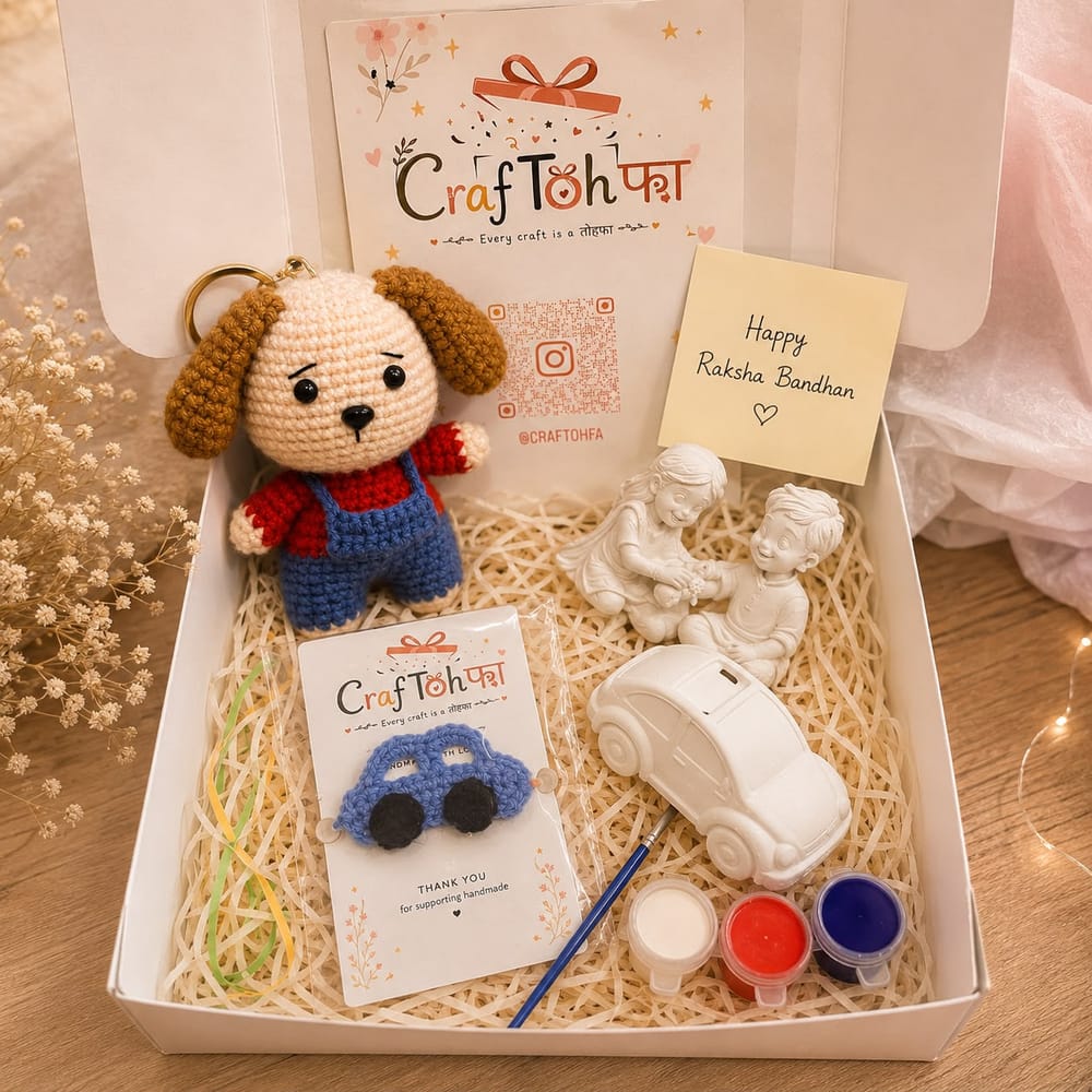 Little car combo box with a crochet puppy keychain, a blue crochet car charm, an idol and a plaster car money box with three paint pots