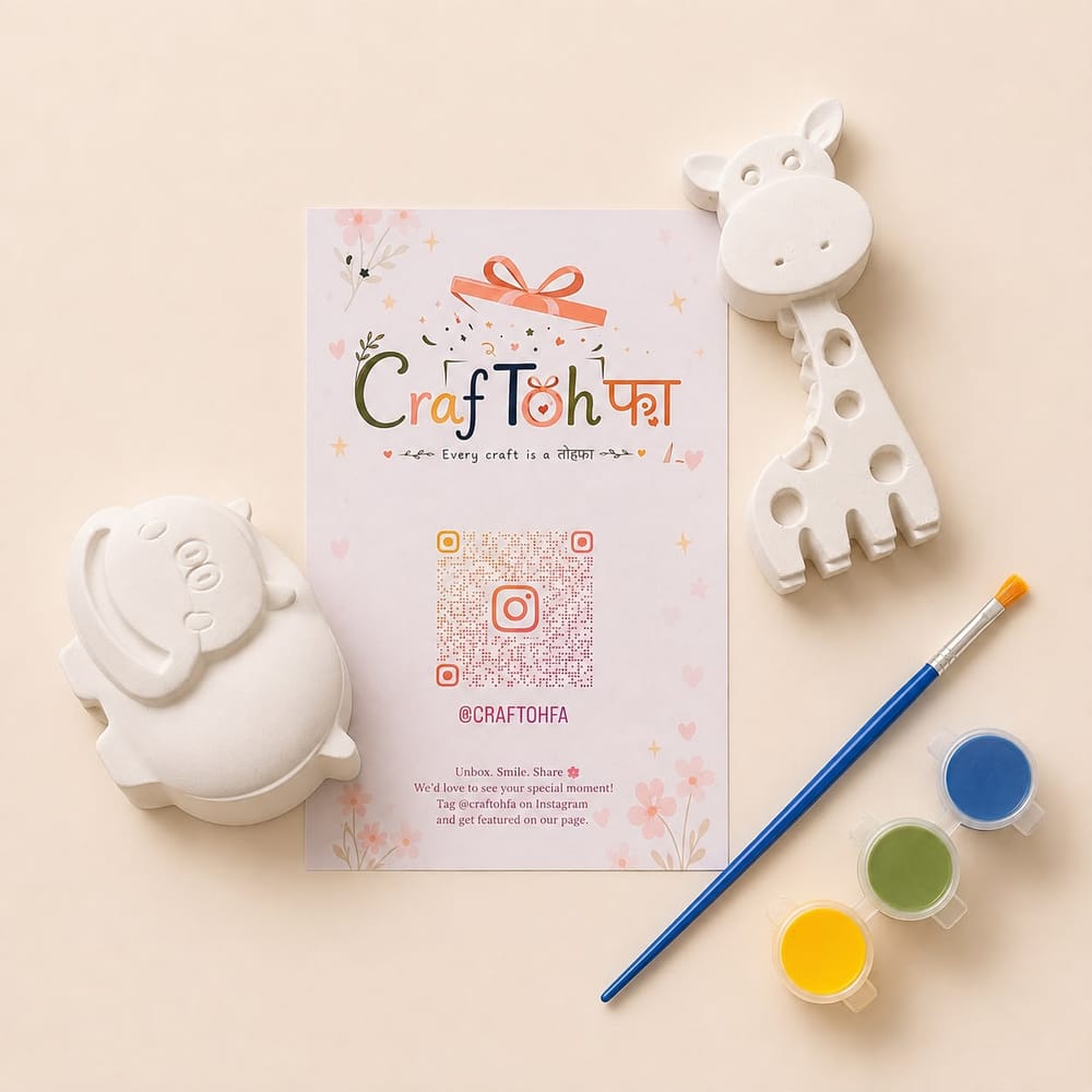 An unpainted plaster hippo and giraffe with blue, green and yellow paint pots and a brush on a Craftohfa card